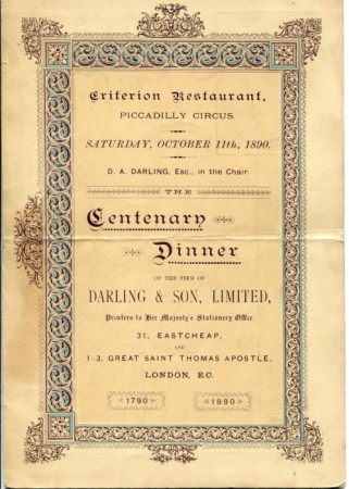 Festessen zur 100 jahr Feier der Firma Darling and Son in London 1890